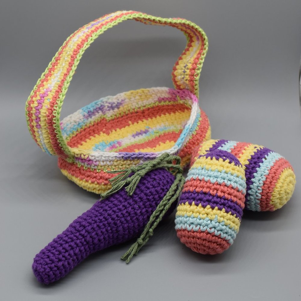 Hand Crafted Crochet Kitty Cat Easter Basket With Catnip Eggs and Carrot Toys